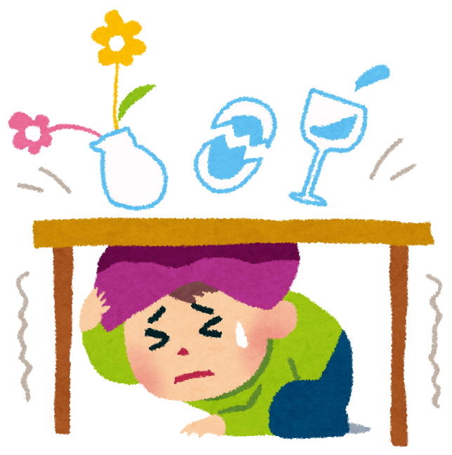 机の下に避難するイラスト